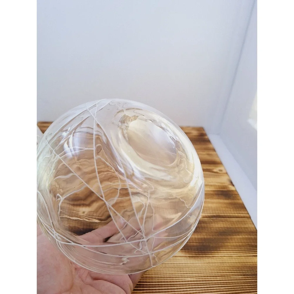 Set of 2 Lg‎ Hand Blown Glass White Spaghetti Drizzle Votive Candle Holder 6